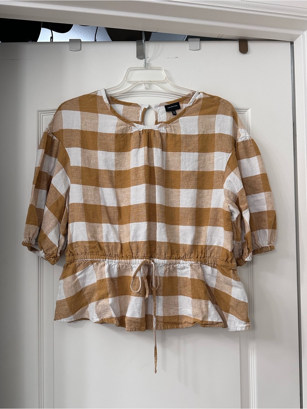 Who What Wear Golderod & White Checked Drawstring Peplum Top XXL